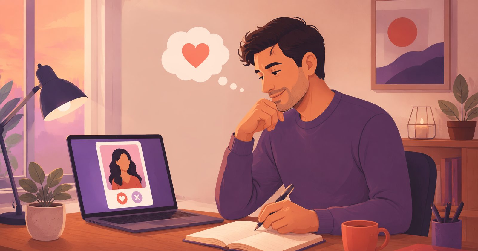 Illustration of a person writing a dating profile in a notebook beside a laptop
