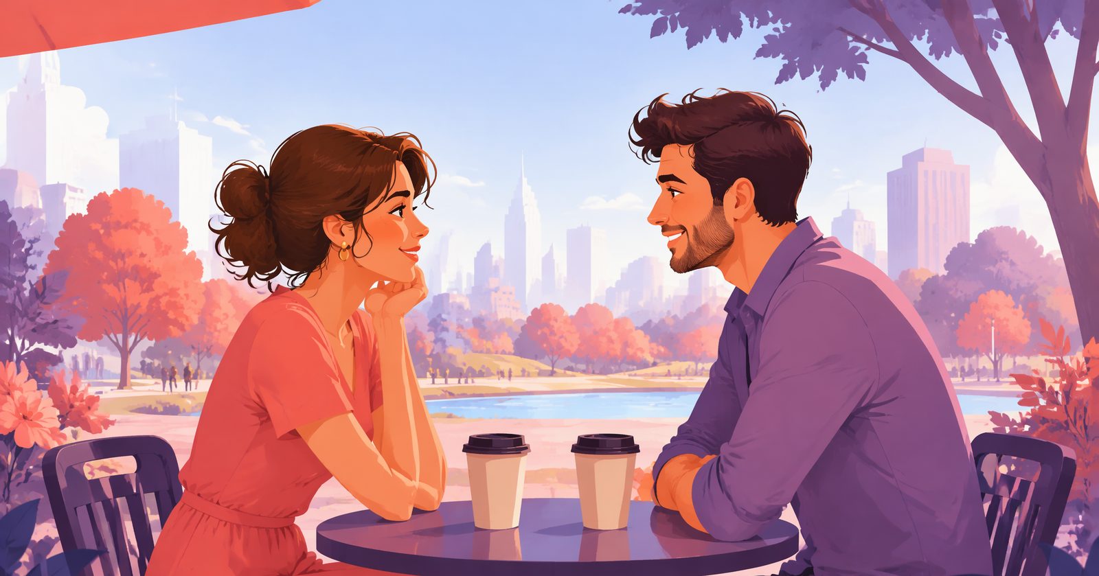 Illustration of two takeaway coffee cups on an outdoor cafe table on a sunny day