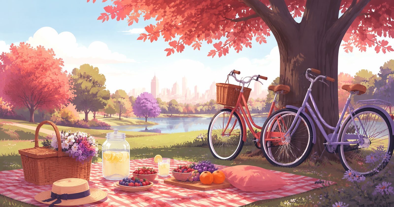 Illustration of a picnic blanket with lemonade and bicycles under a tree