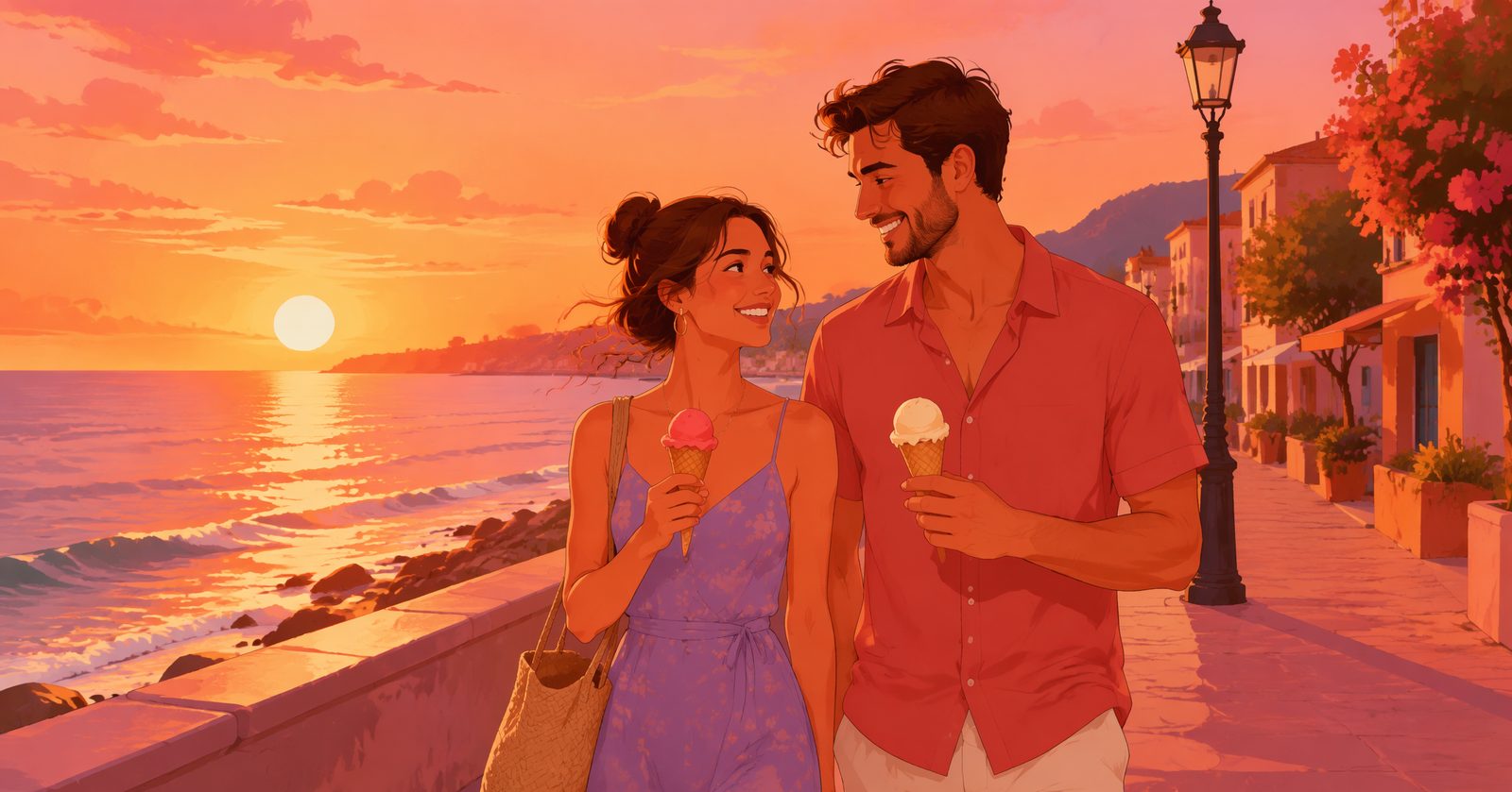 Illustration of a couple walking along a seaside promenade at golden sunset with ice cream